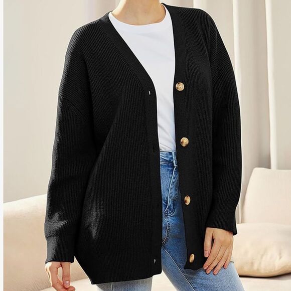 Rae mode Womens Oversized Cardigan Sweaters Casual button down size L black NWT - Picture 2 of 10